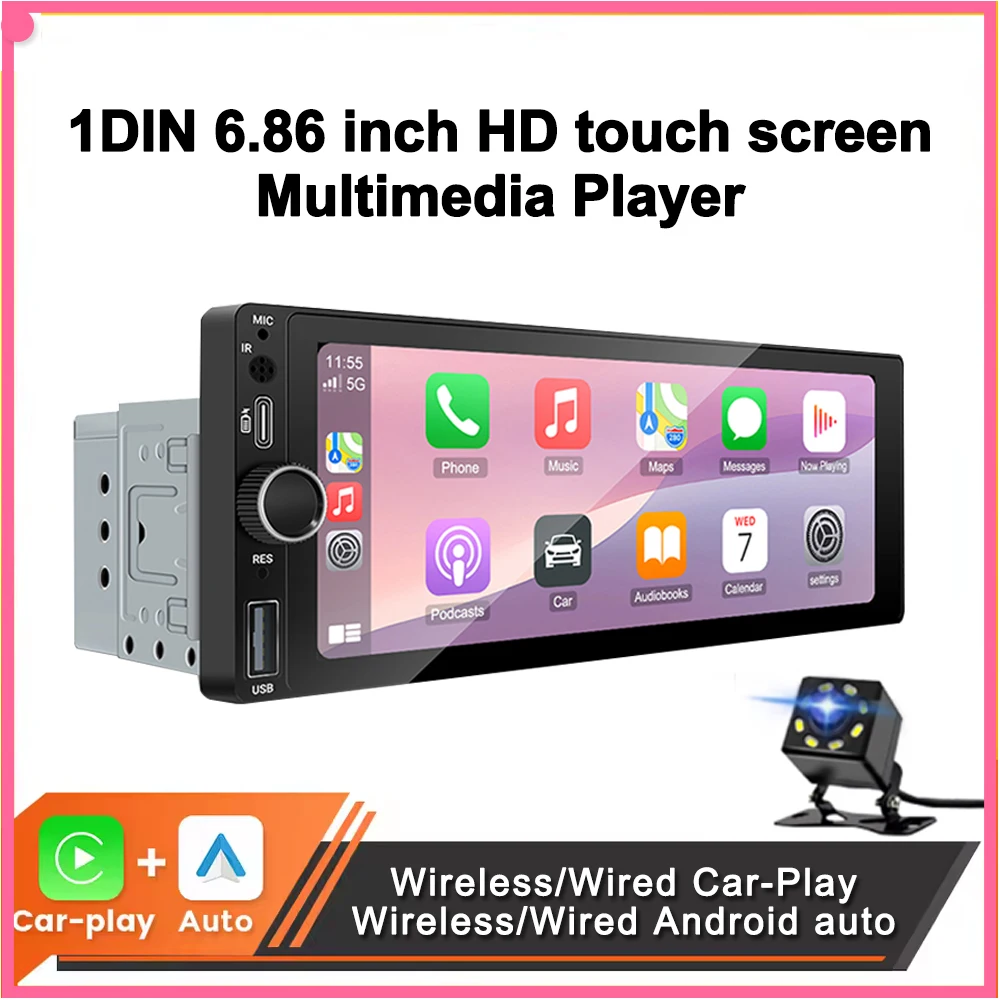 S8978bcc43ce84854bb3421e781a2a8944.webp 1DIN 6.86inch Universal MP5 Car Radio Support Wireless Carplay Android AUTO AUX USB BT Touch Screen Multimedia Video Player - Image 1